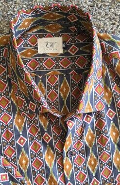 Jaipur Button-Down Mens Shirt Dark Blue with Mustard and Red Pattern Size XL